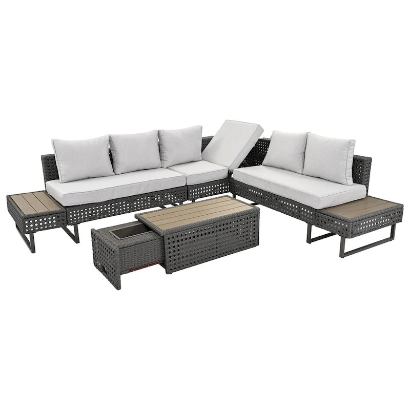 Outdoor 6-Piece Rattan Sectional Sofa Set with Adjustable Seat & Ice Bucket Table