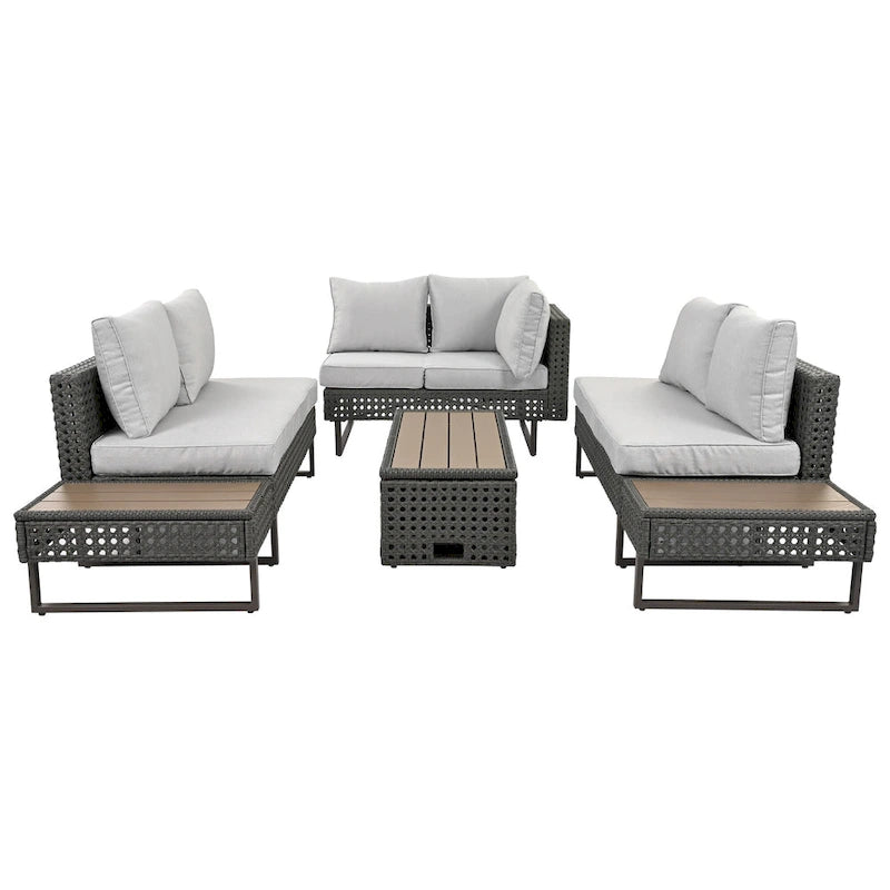 Outdoor 6-Piece Rattan Sectional Sofa Set with Adjustable Seat & Ice Bucket Table