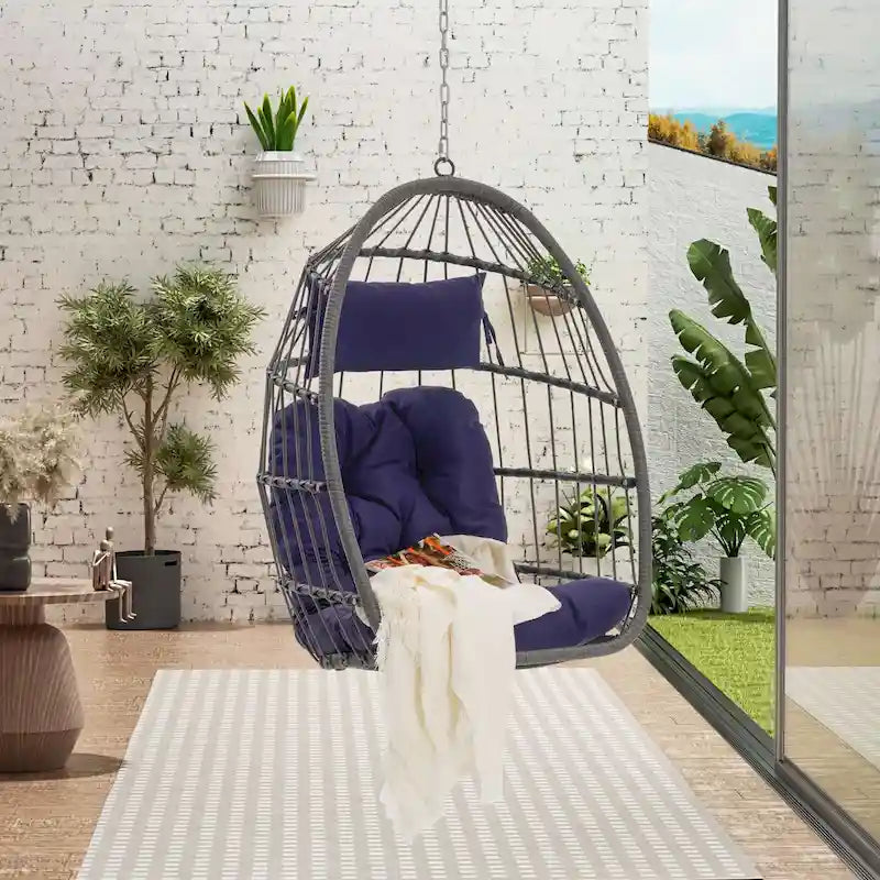 Outdoor Grey Wicker Foldable Swing Hammock Hanging Egg Basket Chair