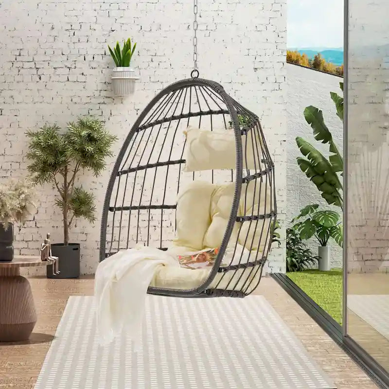 Outdoor Grey Wicker Foldable Swing Hammock Hanging Egg Basket Chair