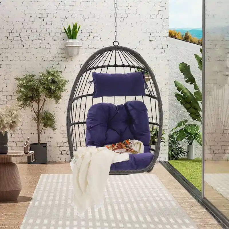 Outdoor Grey Wicker Foldable Swing Hammock Hanging Egg Basket Chair
