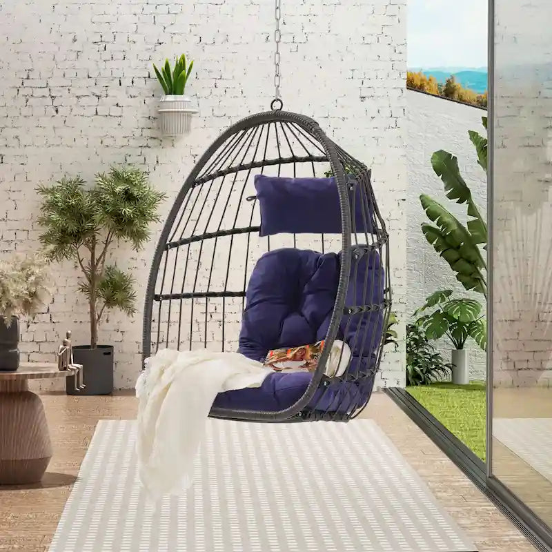 Outdoor Grey Wicker Foldable Swing Hammock Hanging Egg Basket Chair