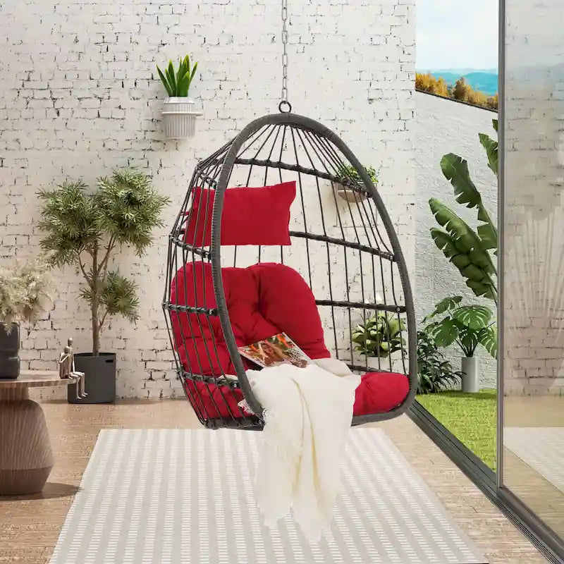 Outdoor Grey Wicker Foldable Swing Hammock Hanging Egg Basket Chair