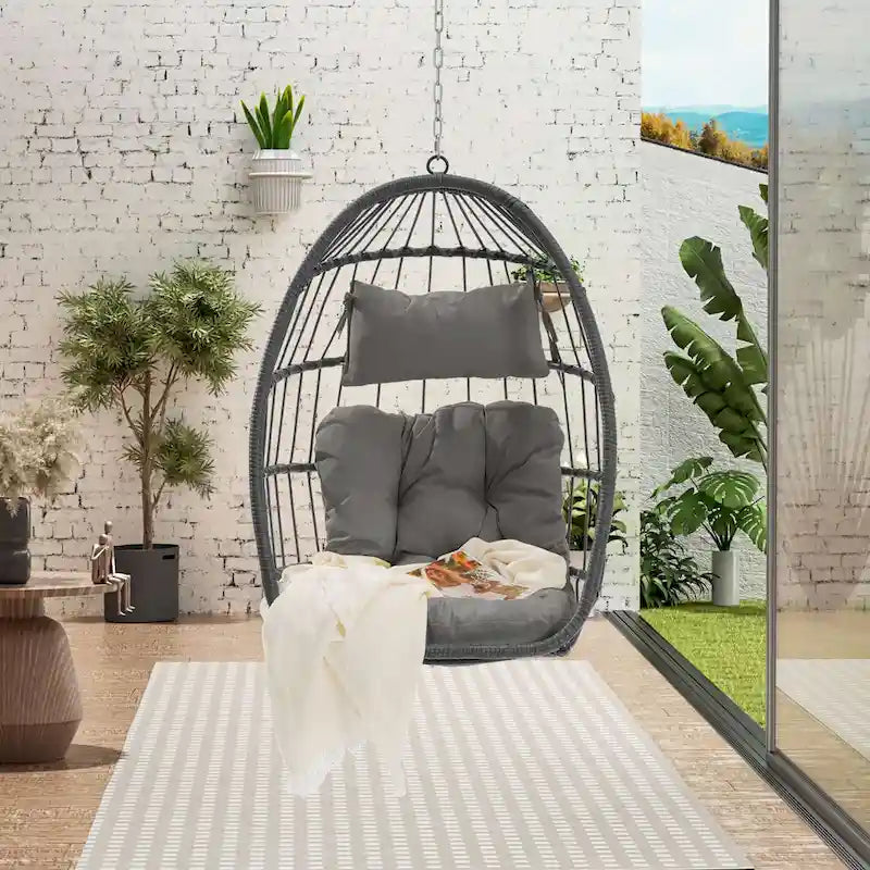Outdoor Grey Wicker Foldable Swing Hammock Hanging Egg Basket Chair
