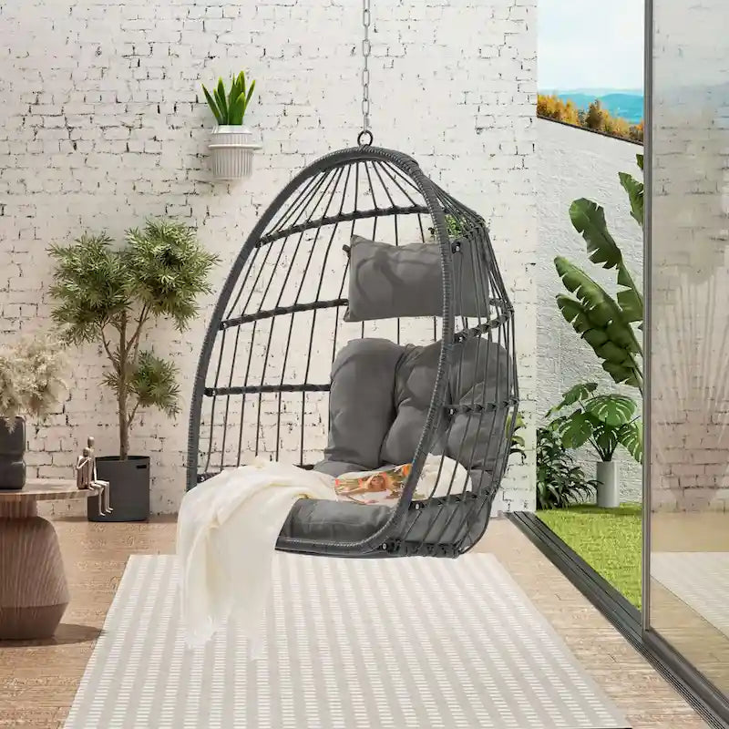 Outdoor Grey Wicker Foldable Swing Hammock Hanging Egg Basket Chair