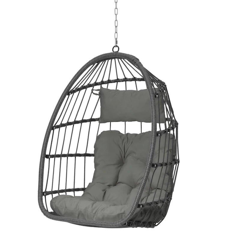 Outdoor Grey Wicker Foldable Swing Hammock Hanging Egg Basket Chair