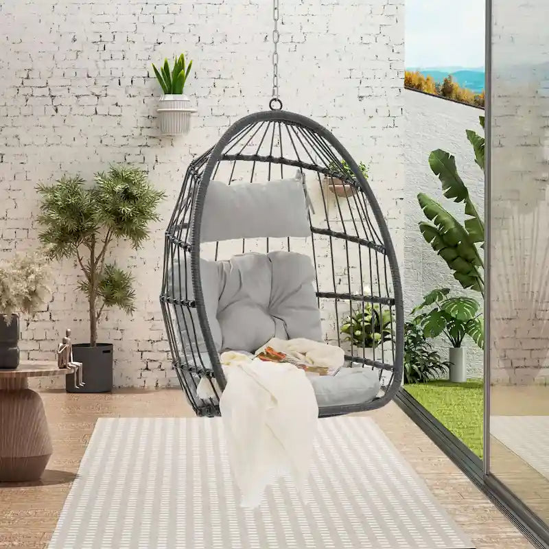 Outdoor Grey Wicker Foldable Swing Hammock Hanging Egg Basket Chair