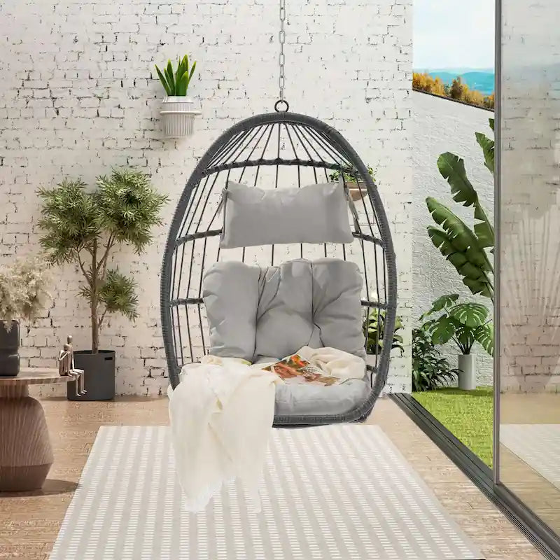 Outdoor Grey Wicker Foldable Swing Hammock Hanging Egg Basket Chair