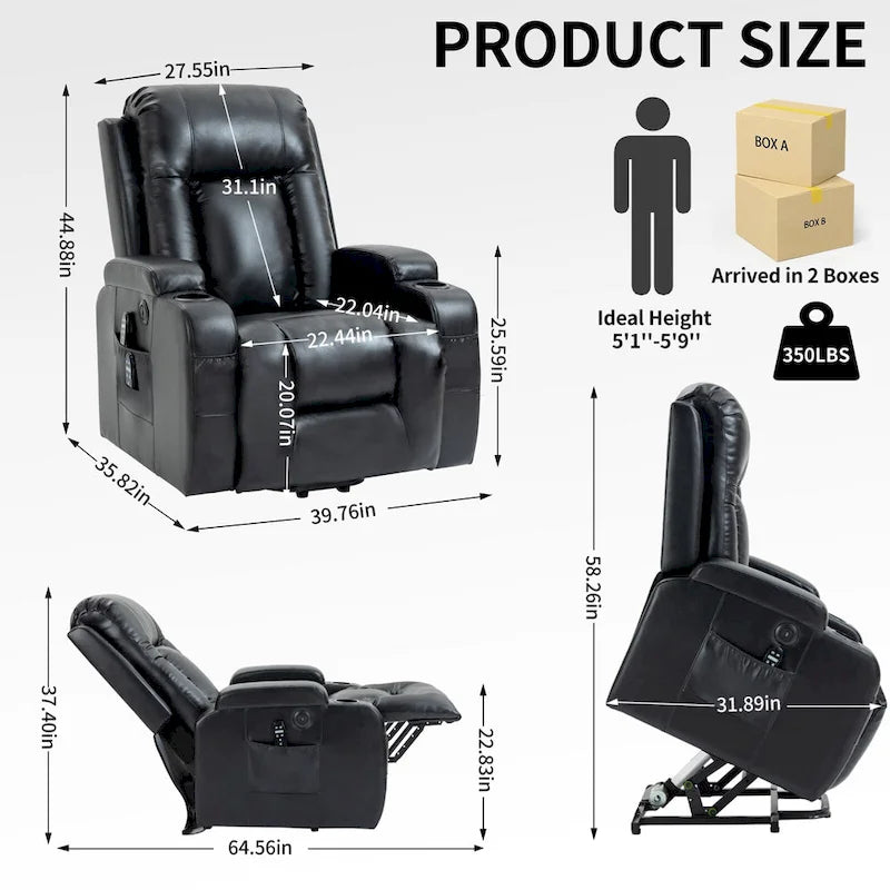 Power Lift Recliner with Massage, Heat and Cup Holders – Black / Brown, Single