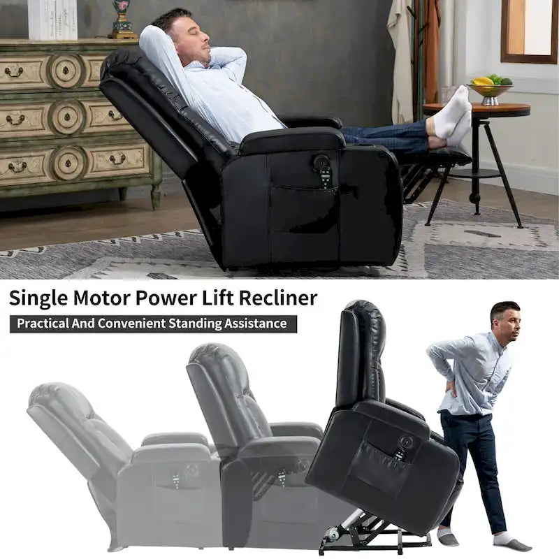 Power Lift Recliner with Massage, Heat and Cup Holders – Black / Brown, Single