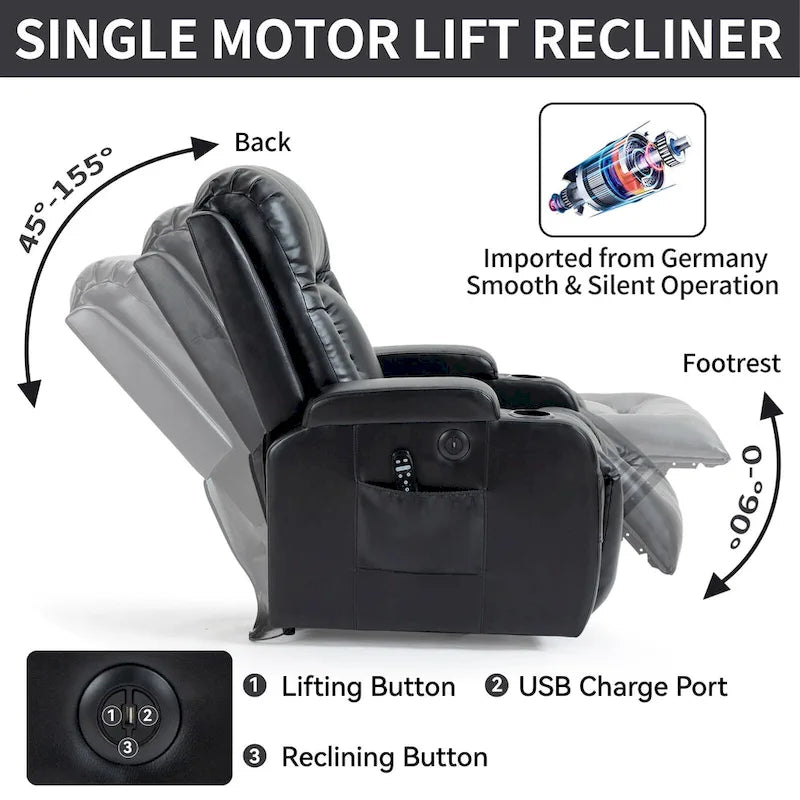 Power Lift Recliner with Massage, Heat and Cup Holders – Black / Brown, Single