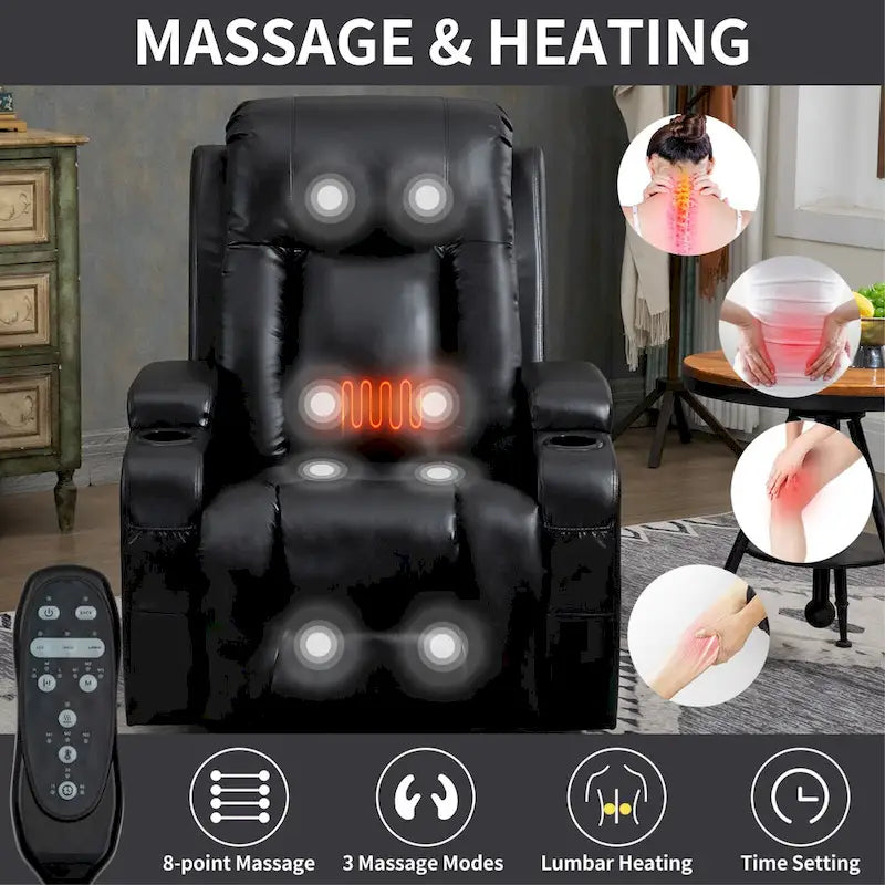 Power Lift Recliner with Massage, Heat and Cup Holders – Black / Brown, Single