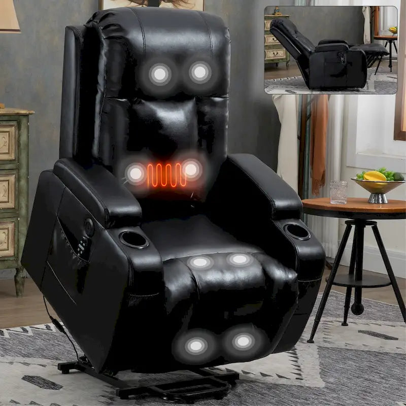 Power Lift Recliner with Massage, Heat and Cup Holders – Black / Brown, Single