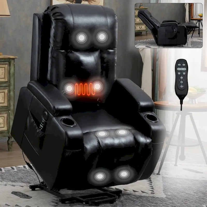 Power Lift Recliner with Massage, Heat and Cup Holders – Black / Brown, Single