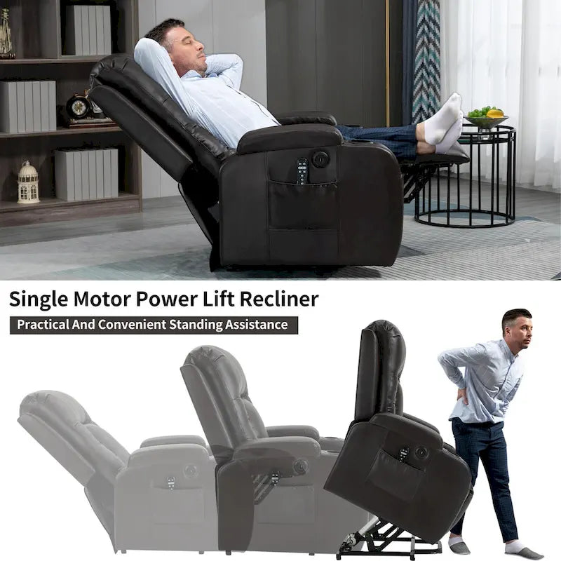 Power Lift Recliner with Massage, Heat and Cup Holders – Black / Brown, Single