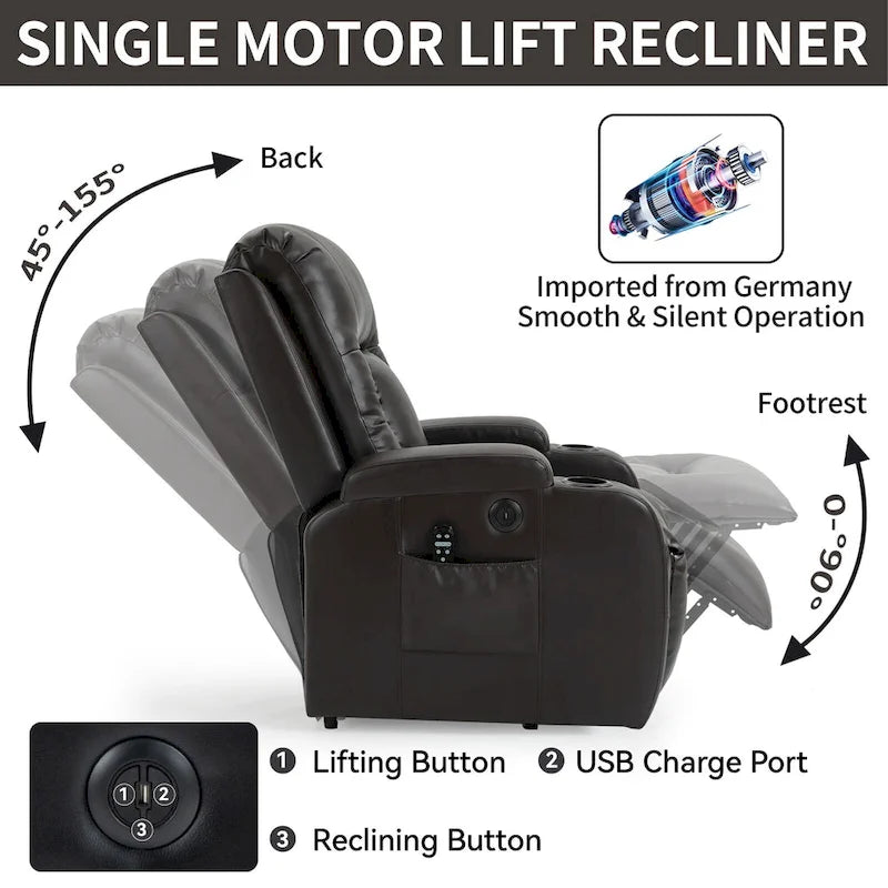 Power Lift Recliner with Massage, Heat and Cup Holders – Black / Brown, Single