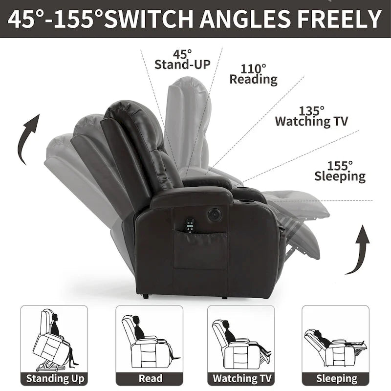 Power Lift Recliner with Massage, Heat and Cup Holders – Black / Brown, Single