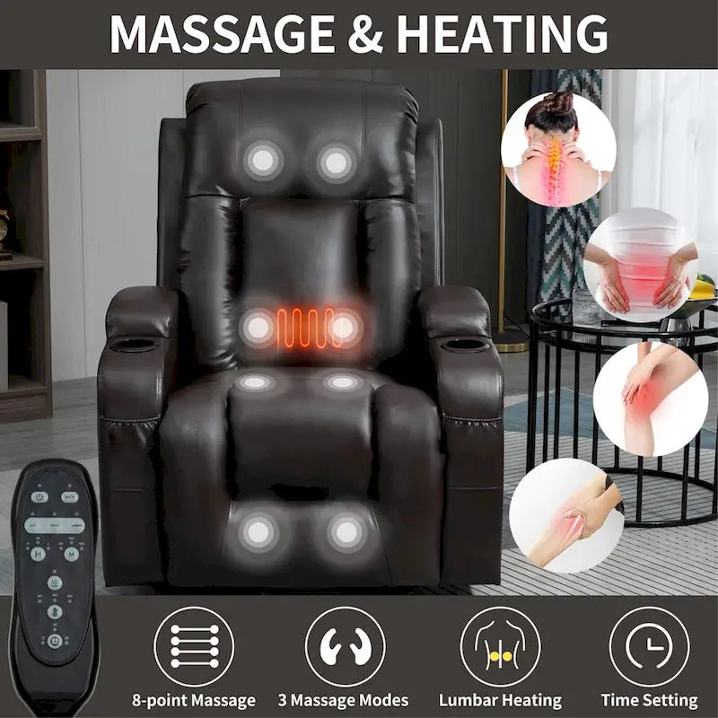 Power Lift Recliner with Massage, Heat and Cup Holders – Black / Brown, Single