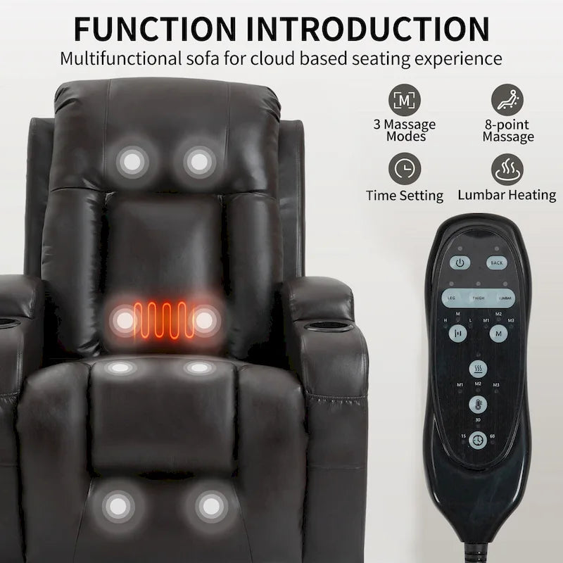Power Lift Recliner with Massage, Heat and Cup Holders – Black / Brown, Single