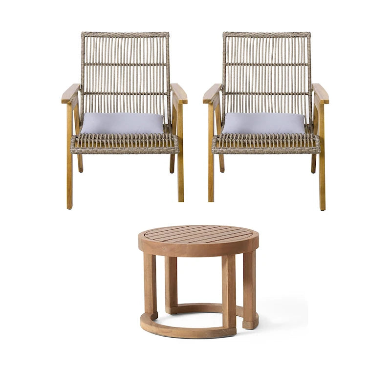 3-Piece Outdoor Acacia Wood Lounge Chairs Set with 2 Woven Wicker Lounge Chairs and 18 Solid Side Table