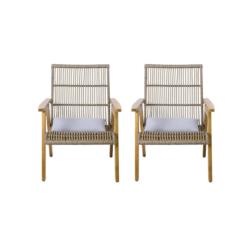 3-Piece Outdoor Acacia Wood Lounge Chairs Set with 2 Woven Wicker Lounge Chairs and 18 Solid Side Table
