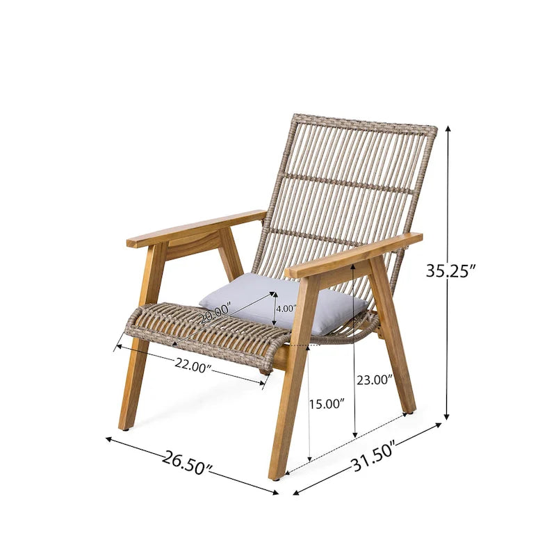 3-Piece Outdoor Acacia Wood Lounge Chairs Set with 2 Woven Wicker Lounge Chairs and 18 Solid Side Table