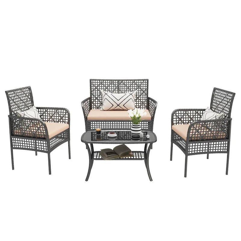 4-Piece Outdoor PE Rattan Wicker Cnversation Sofa Set with Tempered Glass Coffee Table and Waterproof Cushions