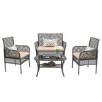 4-Piece Outdoor PE Rattan Wicker Cnversation Sofa Set with Tempered Glass Coffee Table and Waterproof Cushions