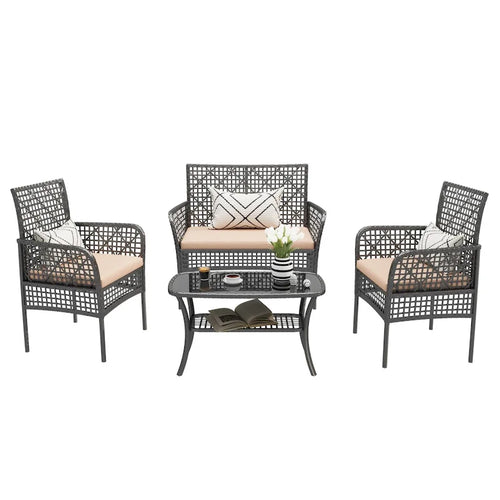 4-Piece Outdoor PE Rattan Wicker Cnversation Sofa Set with Tempered Glass Coffee Table and Waterproof Cushions