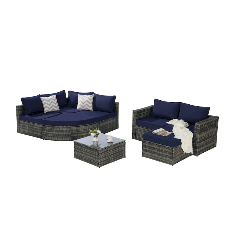 8-Piece Outdoor Patio Rattan Modular Sectional Sofa Set with Tempered Glass Coffee Table