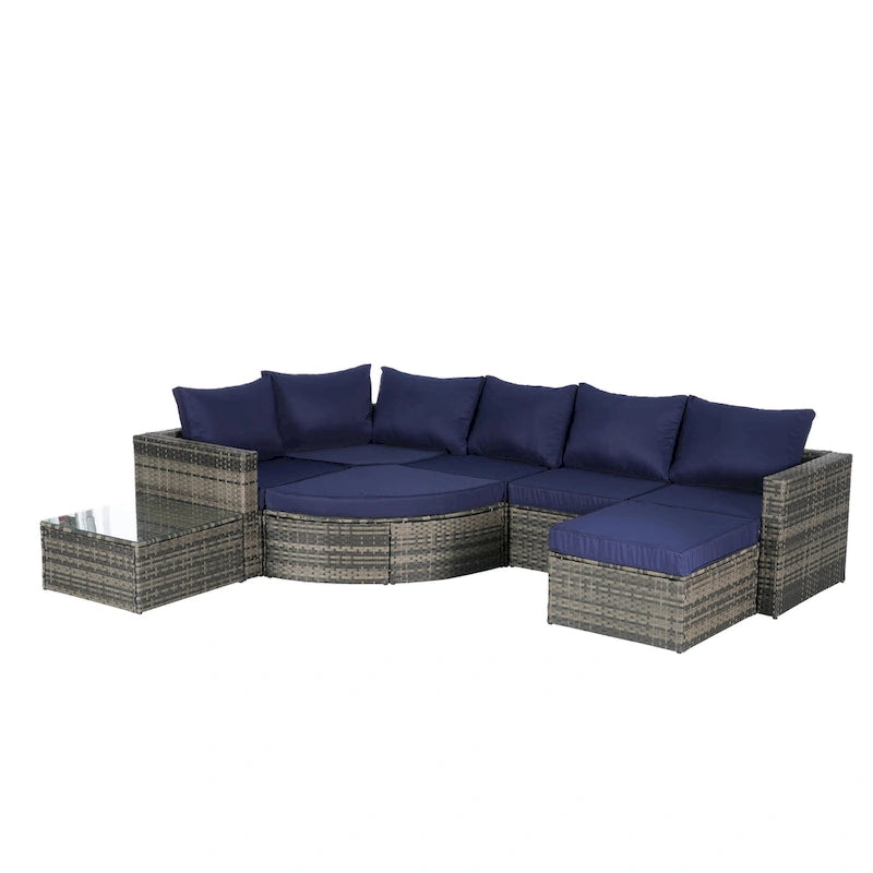 8-Piece Outdoor Patio Rattan Modular Sectional Sofa Set with Tempered Glass Coffee Table