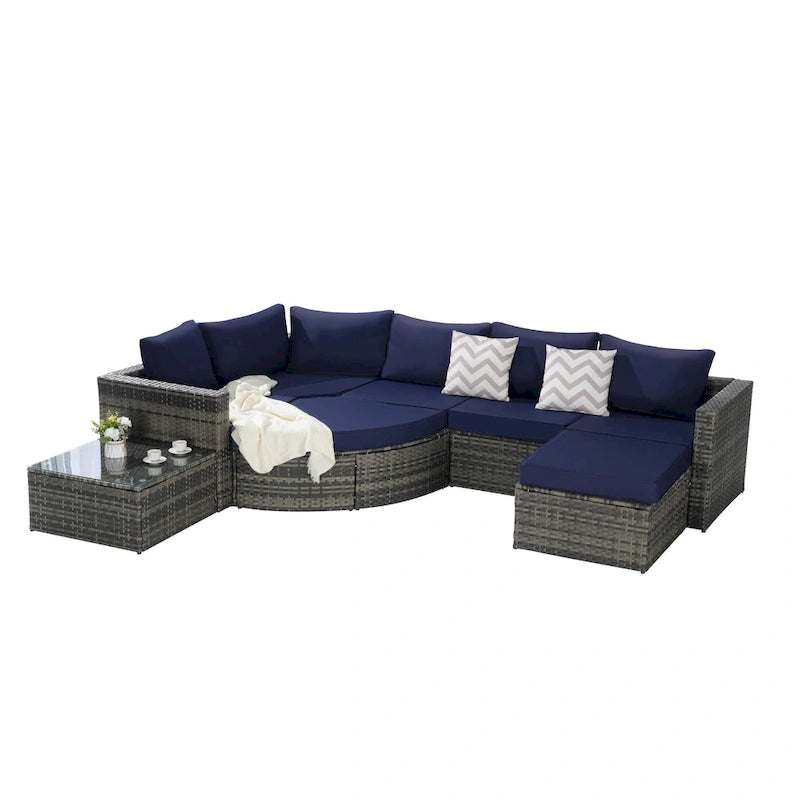 8-Piece Outdoor Patio Rattan Modular Sectional Sofa Set with Tempered Glass Coffee Table
