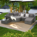 8-Piece Outdoor Patio Rattan Modular Sectional Sofa Set with Tempered Glass Coffee Table