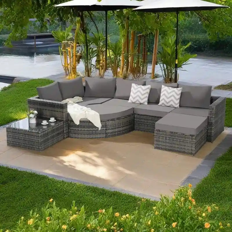8-Piece Outdoor Patio Rattan Modular Sectional Sofa Set with Tempered Glass Coffee Table