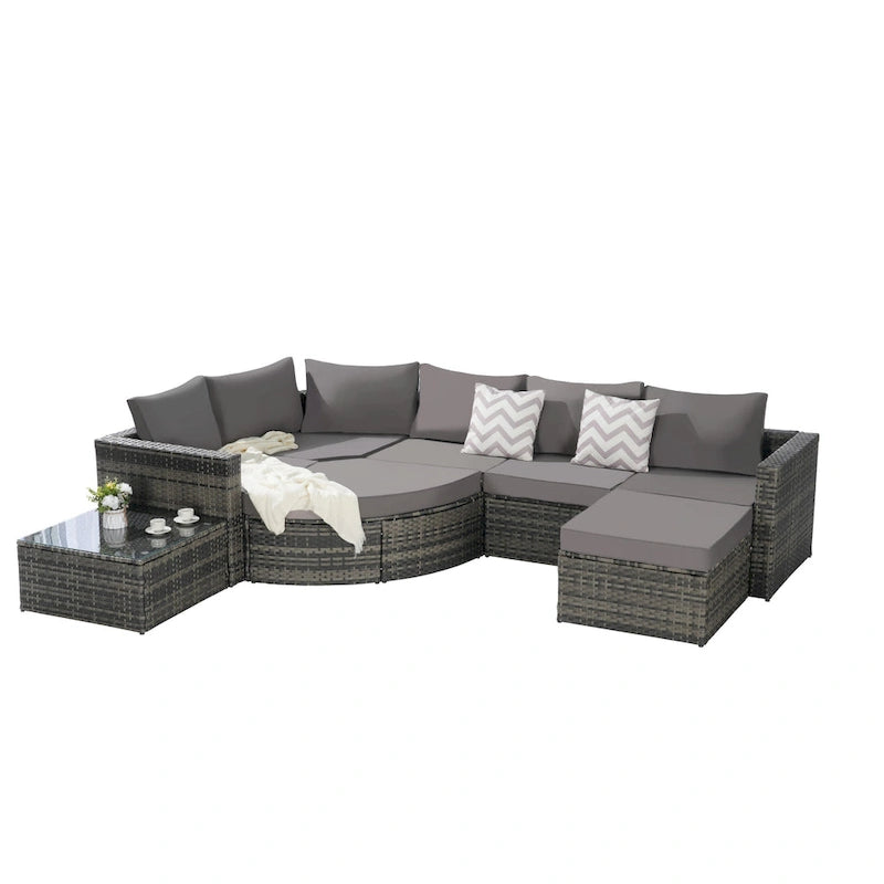 8-Piece Outdoor Patio Rattan Modular Sectional Sofa Set with Tempered Glass Coffee Table