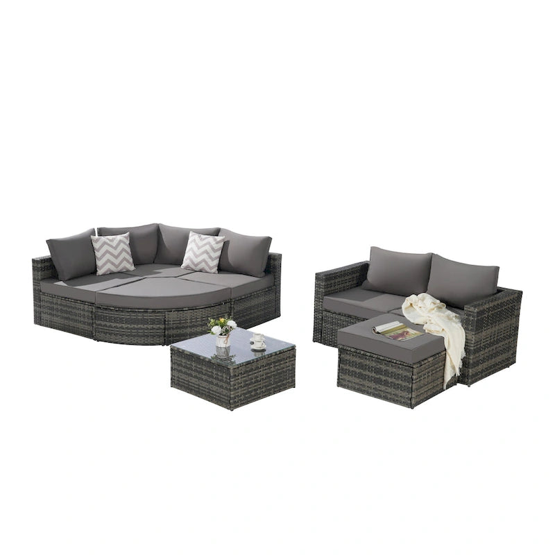 8-Piece Outdoor Patio Rattan Modular Sectional Sofa Set with Tempered Glass Coffee Table