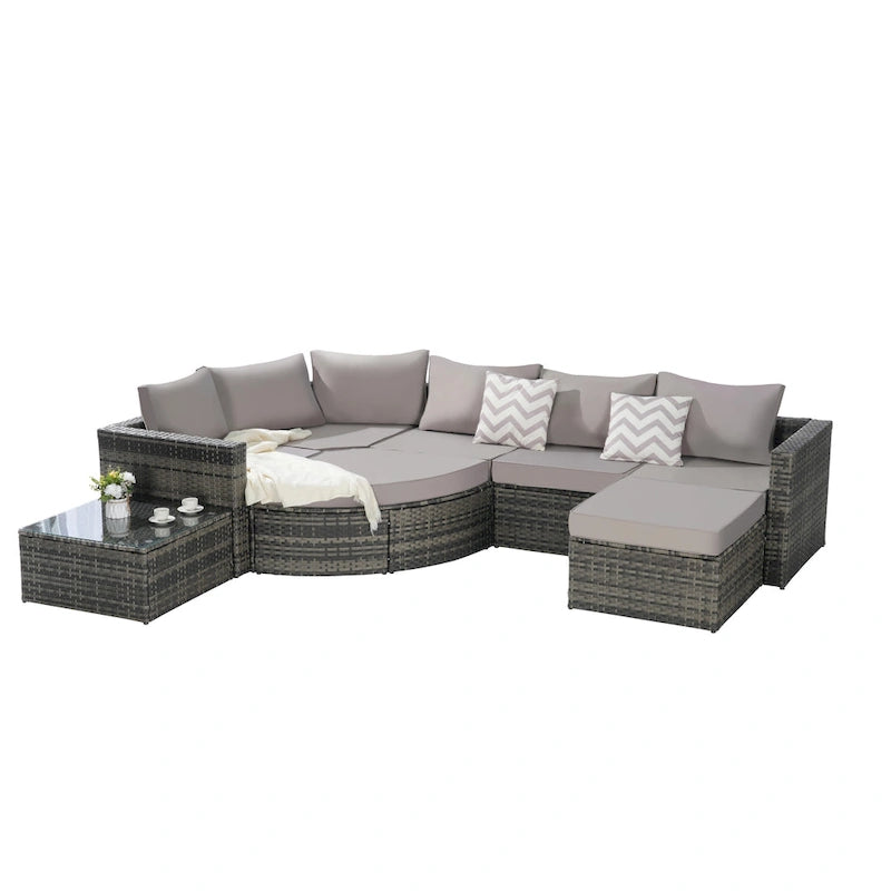 8-Piece Outdoor Patio Rattan Modular Sectional Sofa Set with Tempered Glass Coffee Table