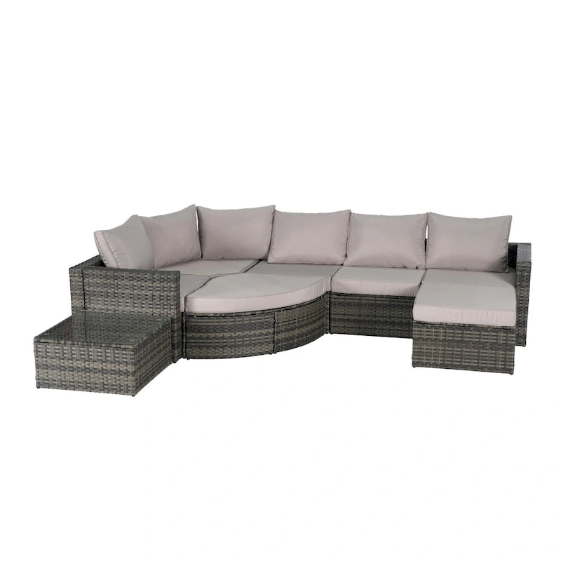 8-Piece Outdoor Patio Rattan Modular Sectional Sofa Set with Tempered Glass Coffee Table