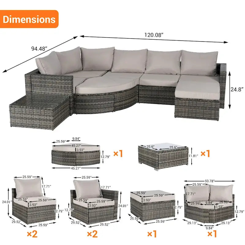 8-Piece Outdoor Patio Rattan Modular Sectional Sofa Set with Tempered Glass Coffee Table