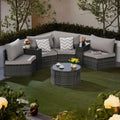 7-Piece Outdoor Patio Half-Moon Sectional Sofa Set with Tempered Glass Coffee Table