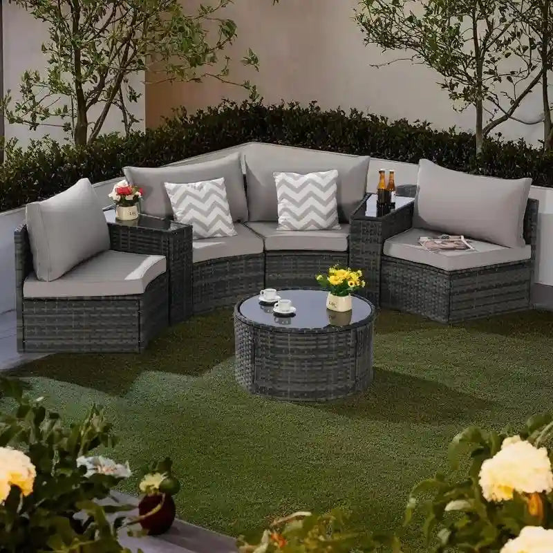 7-Piece Outdoor Patio Half-Moon Sectional Sofa Set with Tempered Glass Coffee Table