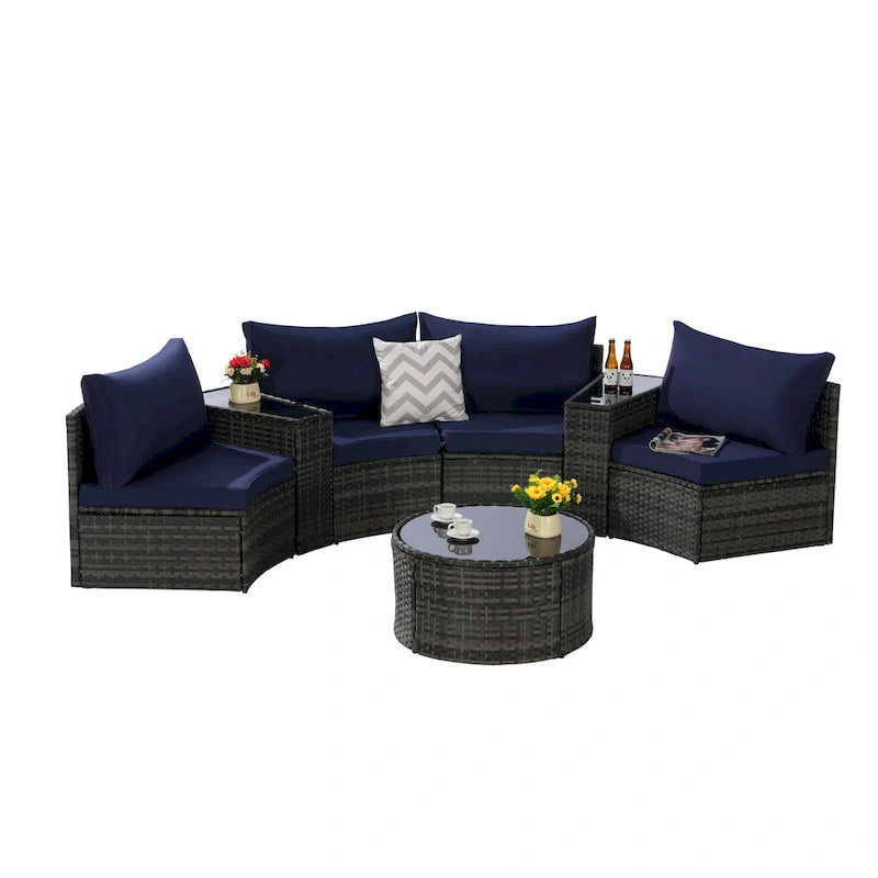 7-Piece Outdoor Patio Half-Moon Sectional Sofa Set with Tempered Glass Coffee Table