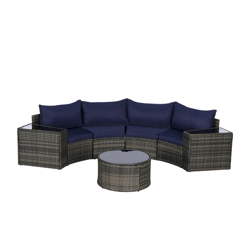 7-Piece Outdoor Patio Half-Moon Sectional Sofa Set with Tempered Glass Coffee Table