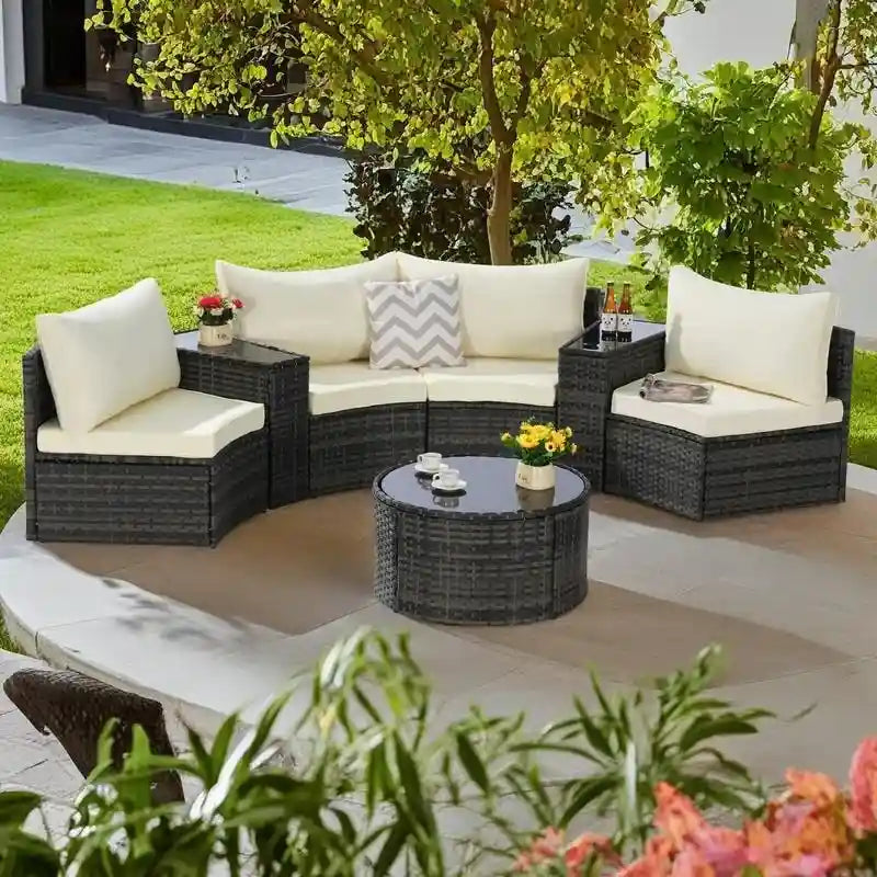 7-Piece Outdoor Patio Half-Moon Sectional Sofa Set with Tempered Glass Coffee Table