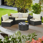 7-Piece Outdoor Patio Half-Moon Sectional Sofa Set with Tempered Glass Coffee Table