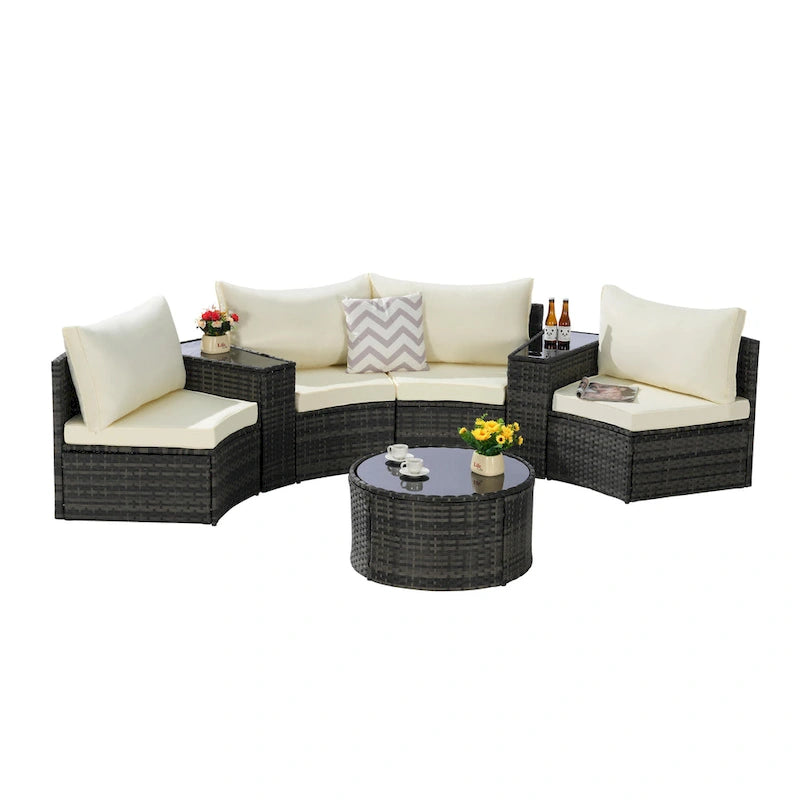 7-Piece Outdoor Patio Half-Moon Sectional Sofa Set with Tempered Glass Coffee Table