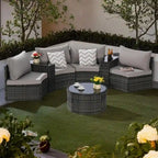 7-Piece Outdoor Patio Half-Moon Sectional Sofa Set with Tempered Glass Coffee Table