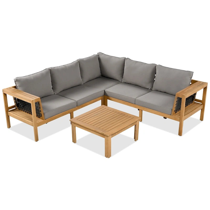 4-Pieces Outdoor Acacia Wood L-Shaped Sectional Sofa Set with Coffee Table and Arm Side Table