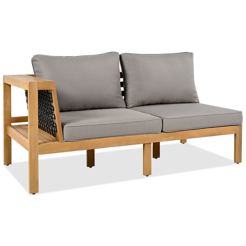 4-Pieces Outdoor Acacia Wood L-Shaped Sectional Sofa Set with Coffee Table and Arm Side Table