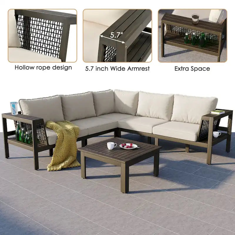 4-Pieces Outdoor Acacia Wood L-Shaped Sectional Sofa Set with Coffee Table and Arm Side Table